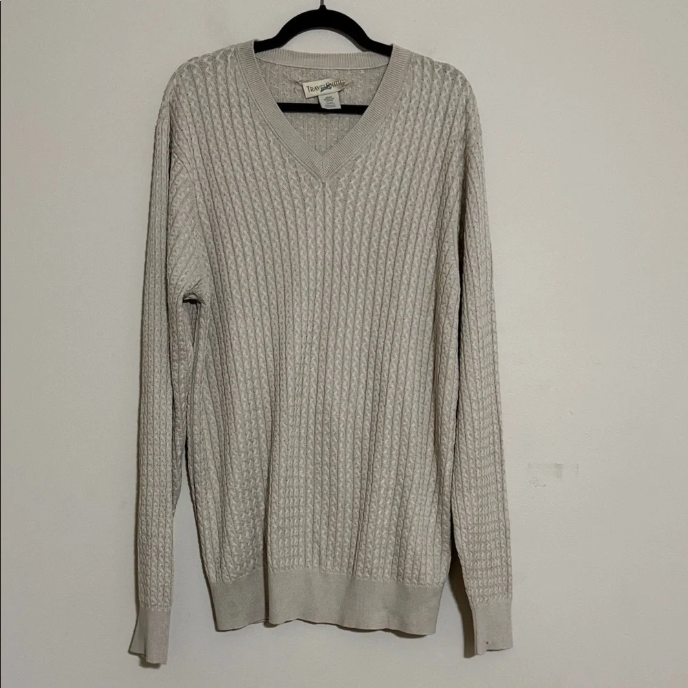 Travel smith V-Neck Sweater pullover Beige men’s L silk cotton casual office Y2K